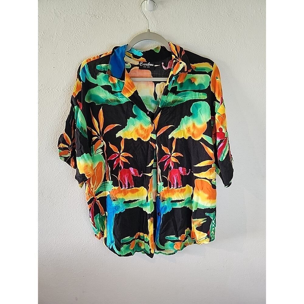 Vintage Colorful Safari Women’s Button Up Shirt Size Large Caribou NEW YORK